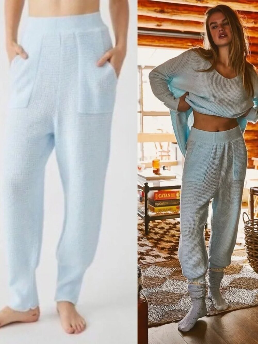 NWT FREE PEOPLE Intimately C.o.z.y Lounge Pants Light blue soft cozy waffle knit